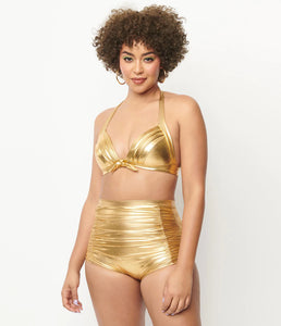 solid black 50s style high-waist ruched front swim bottoms in gold, shown on model