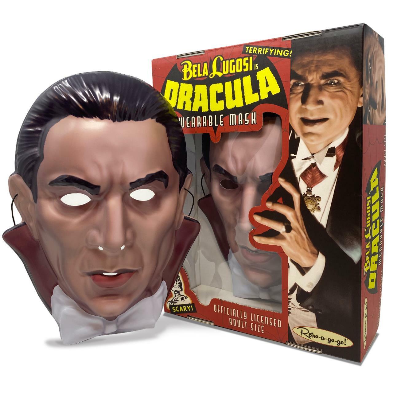 A fully wearable color mask of Bela Lugosi as Dracula next to its packaging