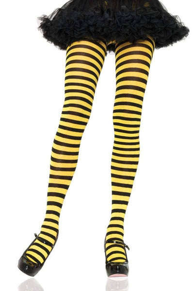 Striped opaque Nylon tights in black & yellow, shown on model