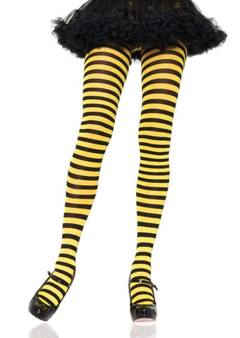 Striped opaque Nylon tights in black & yellow, shown on model