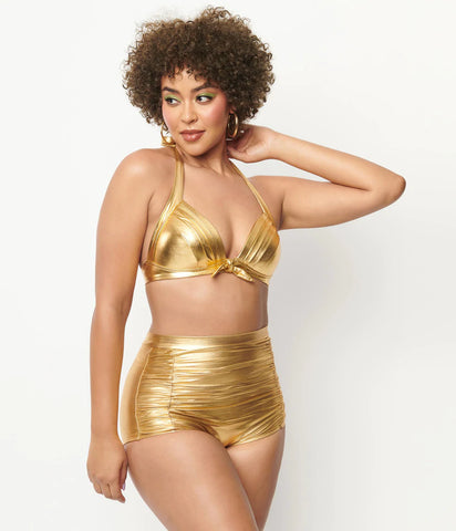 solid black 50s style high-waist ruched front swim bottoms in gold, shown on model