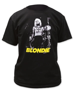 men's sizing black t-shirt with yellow "Blondie" script logo under photo image of Debbie Harry wearing funtime t-shirt onstage