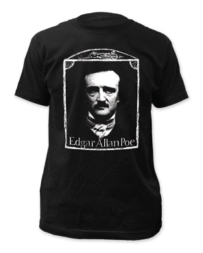 men's sizing black t-shirt with white "Edgar Allan Poe" script under portrait with gravestone rubbing style frame