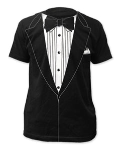 men's sizing black cotton t-shirt with screenprinted in white to appear as a black tuxedo and bow-tie with pleated white shirt and pocket sqaure
