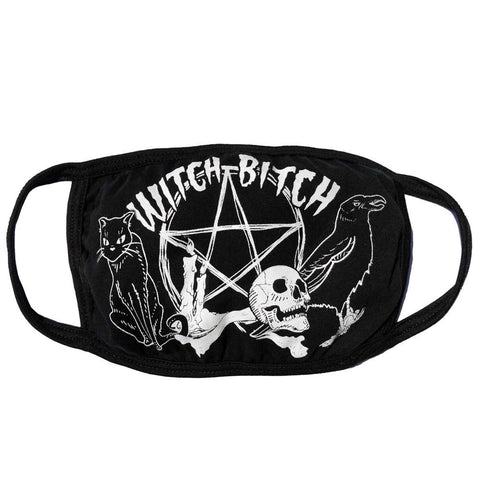 black & white "Witch Bitch" pentagram raven black cat skull design cotton knit double layer face mask