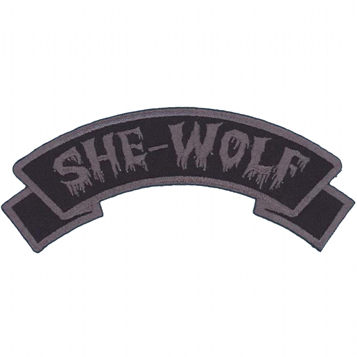 black 5" arched banner patch grey embroidered outline "She-Wolf" text