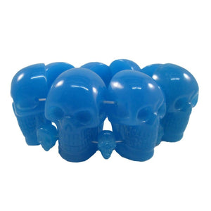chunky blue resin skulls of various sizes on a elasticized band