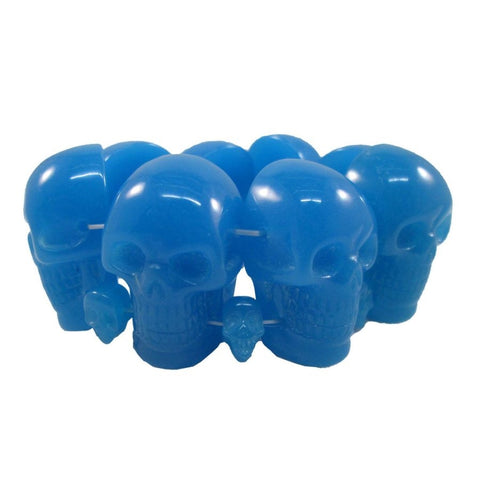 chunky blue resin skulls of various sizes on a elasticized band