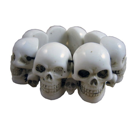 chunky shaded white resin skulls of various sizes on a elasticized band