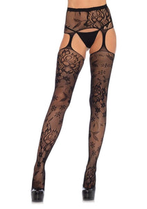 Black net and floral lace pattern stockings with solid toe and attached garterbelt top, shown on model