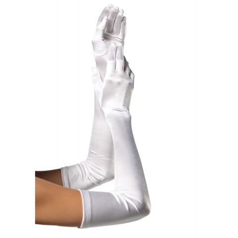 shiny stretch satin opera length gloves in white, shown on model