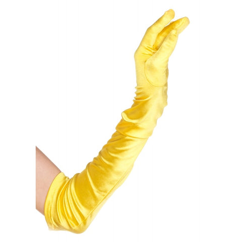 shiny stretch satin opera length gloves in bright yellow, shown on model