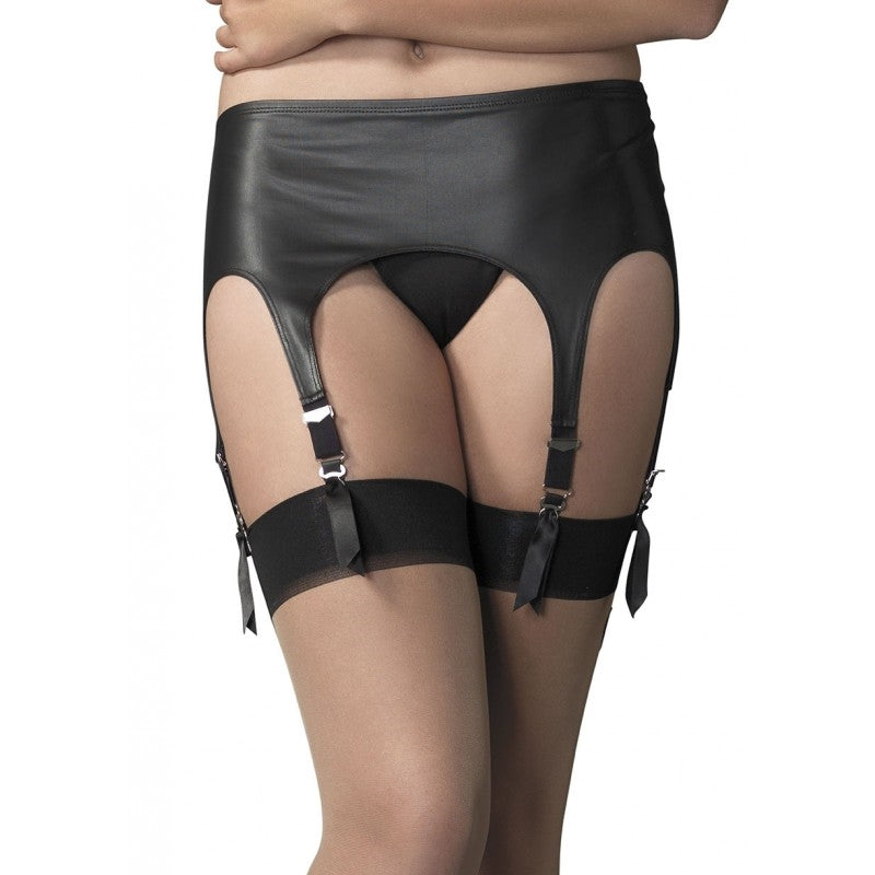 Matte Black Rubber Look Six Strap Garter Belt, shown waist down on model, styled with sheer black stockings