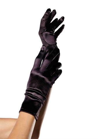 pair wrist length shiny black stretch satin women's gloves