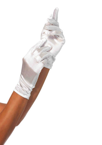 pair wrist length shiny white stretch satin women's gloves