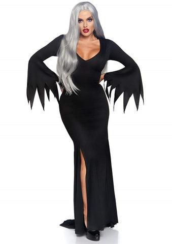 black floor length gothic costume dress with deep v-neckline, tattered edge belled sleeves, and mid-thigh right front slit, shown on model
