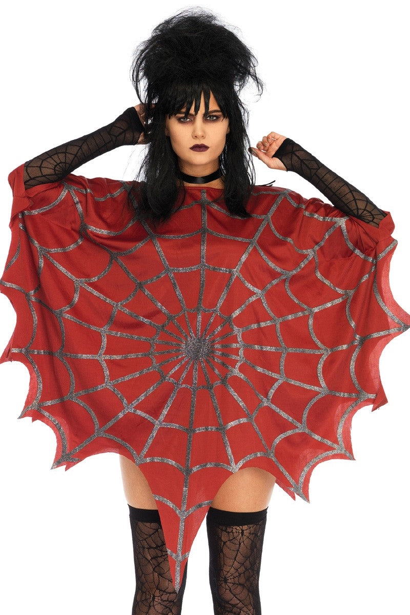 red polyester costume poncho with scalloped web hem and silver glitter spiderweb print, shown on model