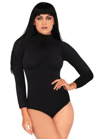 stretchy black mock turtleneck 3/4 sleeve bodysuit with snap crotch closure, shown on model