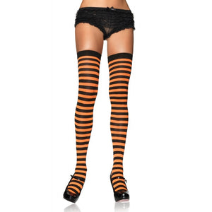 Striped opaque nylon thigh highs in black & orange, shown on model