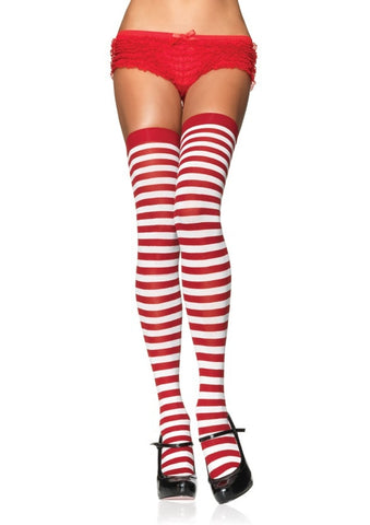 Striped opaque nylon thigh highs in red & white, shown on model