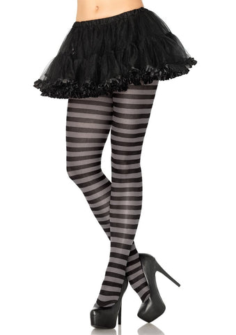 Striped opaque Nylon tights in black & grey, shown on model