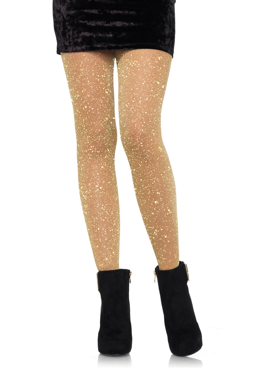 sparkly gold glitter Lurex semi-opaque tights, shown on model