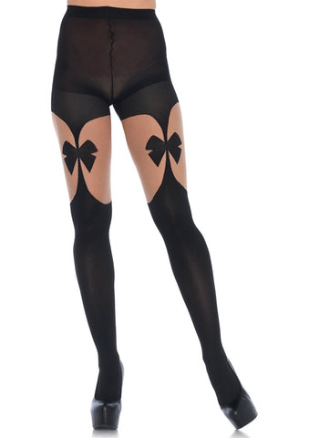 black opaque and sheer pantyhose tights Faux garter straps hold up mock stockings, shown on model