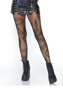 black fishnet pantyhose with large scale twining snake pattern, shown on model
