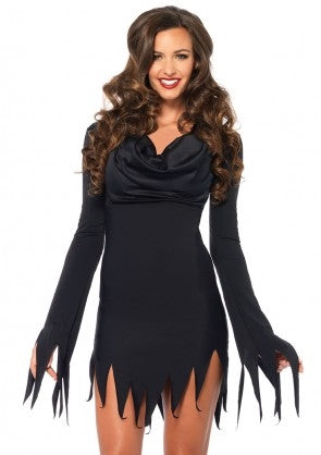 black knit cowl neck mini dress with tattered edge hem and belled sleeves, shown on model