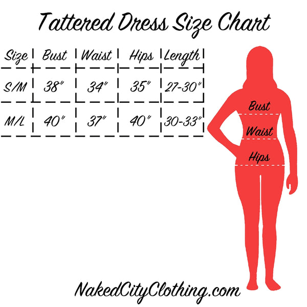 "Tattered Dress Size Chart" info graphic
