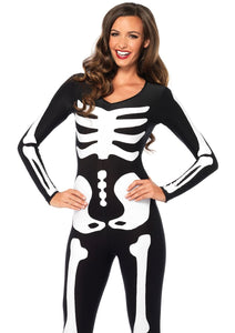 Black stretch catsuit with bold stylized glow-in-the-dark skeleton print on the front, shown on model