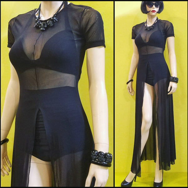 black mesh short sleeve maxi dress with high front slit, shown on mannequin