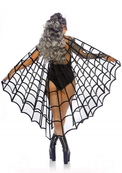 sheer black mesh flocked velvet spiderweb design mid calf length cape with satin tie closure and trim