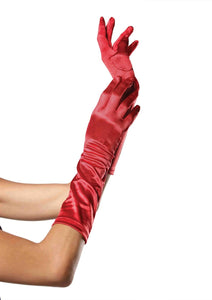Mid forearm length shiny red  stretch satin gloves, shown on model