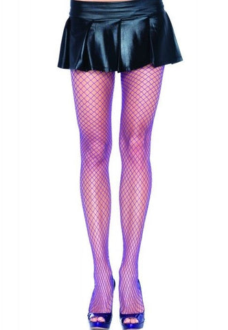 purple bold industrial fishnet pantyhose tights shown on model
