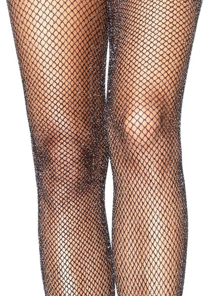sparkly glitter lurex black & silver fishnet pantyhose, shown on model close up