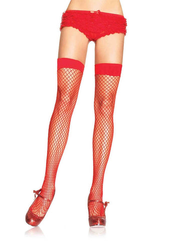 bold industrial fishnet thigh highs with solid top band in red, shown on model