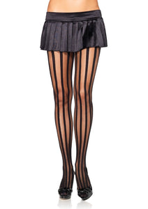 Sheer Black Pantyhose with Opaque Vertical Stripes, shown on model