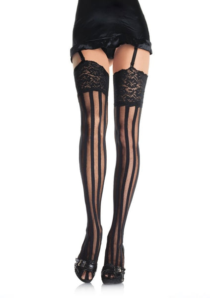 Vertical Striped Stockings with Lace Top, shown on model