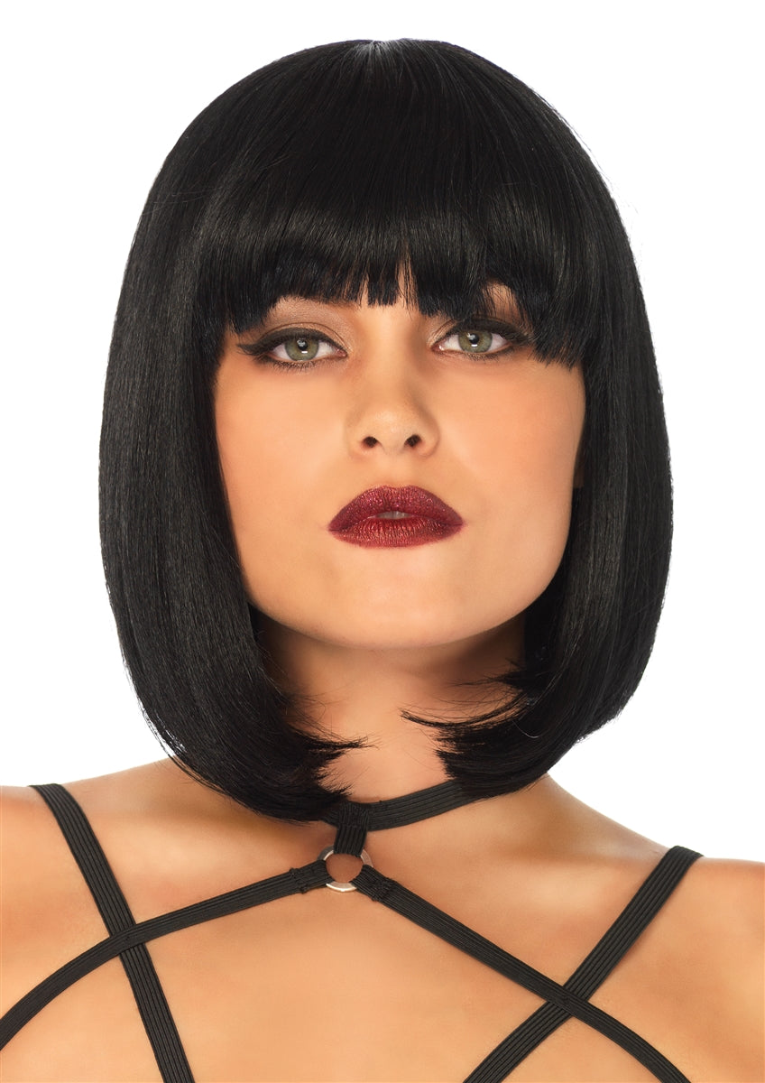 soft and shiny shoulder length black bob wig with straight bangs, shown on model