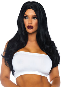 thick and shiny 27" length black slightly wavy wig with center part, shown on model