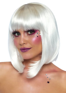 soft and shiny shoulder length pearly white bob cut wig with straight bangs, shown on model