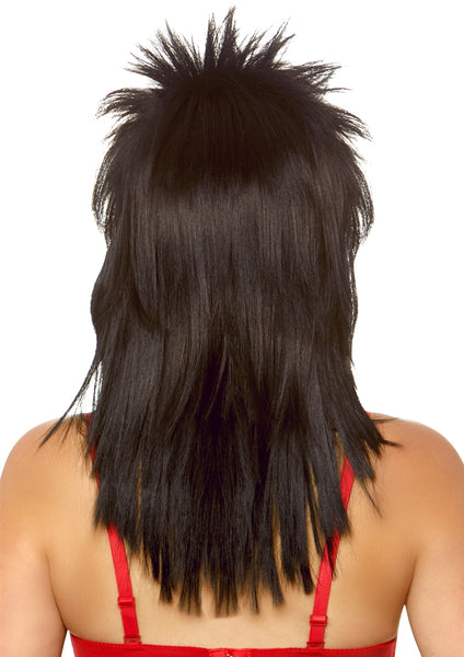 Spiky layered 21" mullet retro hair metal style unisex wig in black, shown back view on model