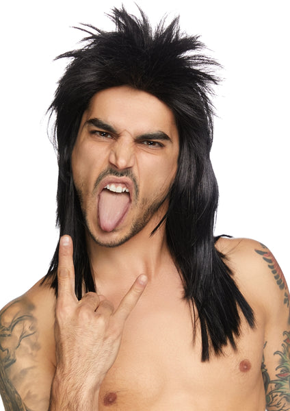 Spiky layered 21" mullet retro hair metal style unisex wig in black, shown on model