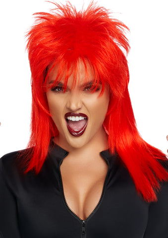 Spiky layered 21" mullet retro hair metal style unisex wig flame red, shown on model
