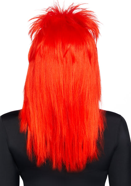 Spiky layered 21" mullet retro hair metal style unisex wig flame red, shown back view  on model