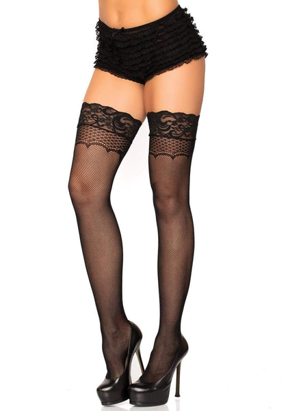 Black micro net thigh highs with knit-in bows backseam detail and silicone-lined lace top, shown on model