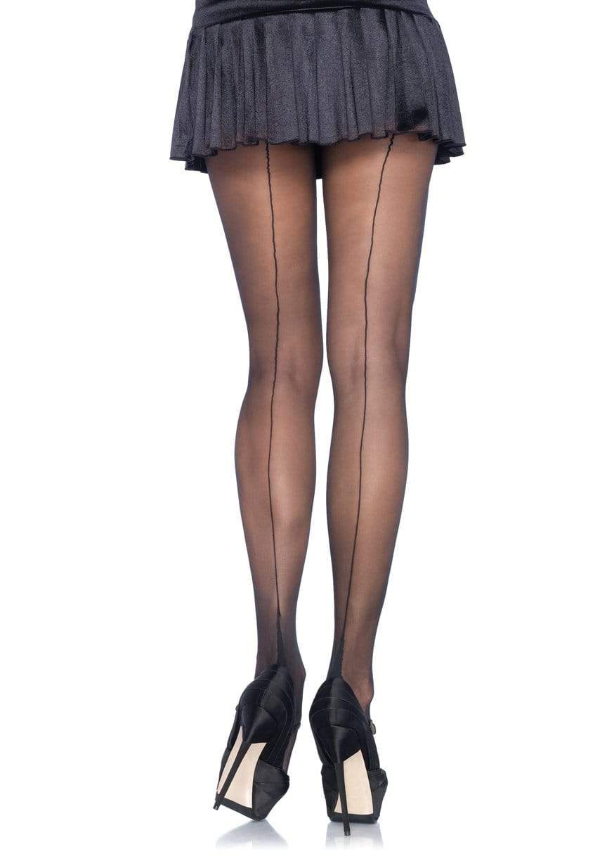 Sheer Black Pantyhose with Black Backseam and Cuban Heel, shown back view on model