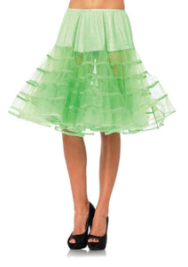26" length fluffy layered tulle crinoline petticoat in neon green, shown on model
