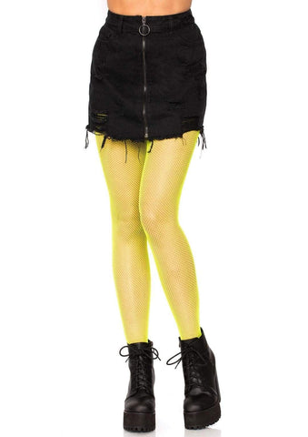 neon yellow fishnet pantyhose, shown on model